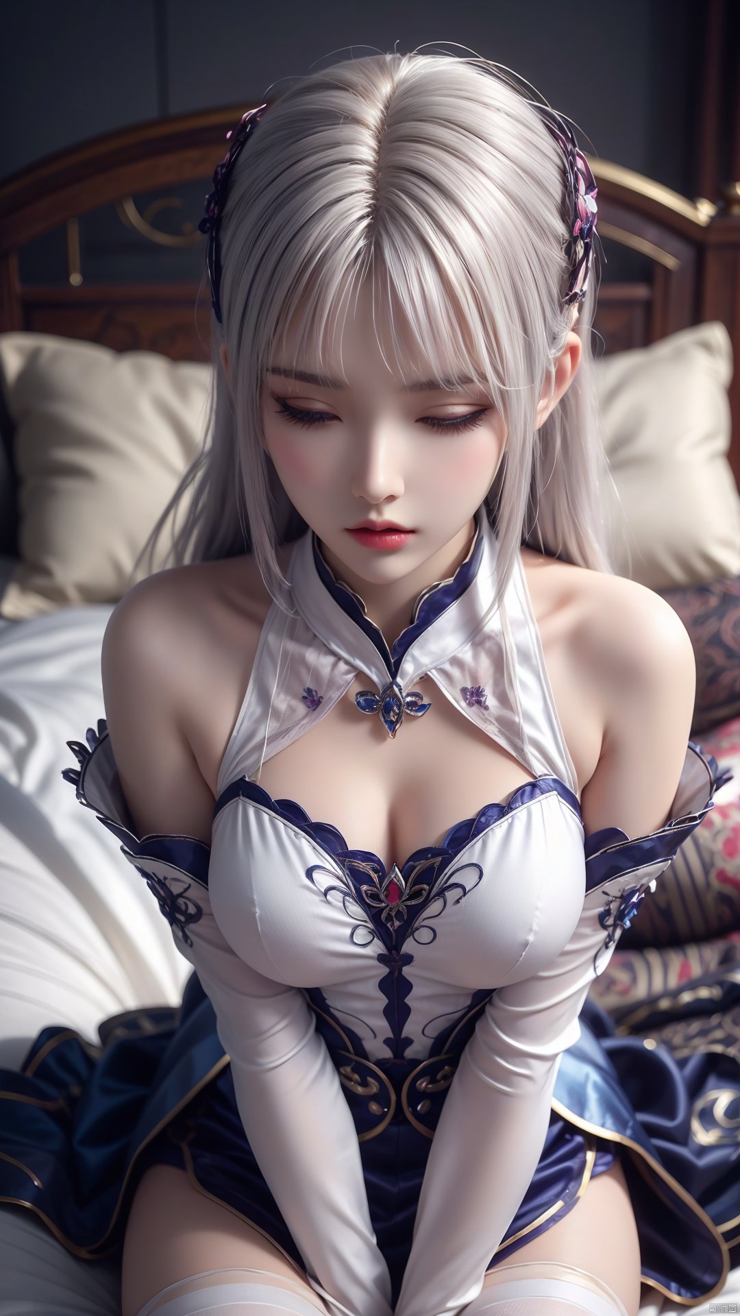  1girl, frown, close eyes, lip apart, white hair, long hair, thighhighs, lying, perfect body, scenery, sharp focus, best quality, masterpiece, detailed outfit, illustration, perfect eyes, finely detailed beautiful anime eyes, realistic skin, intricate details, best lighting, depth of field, ultra high resolution, bed, from above