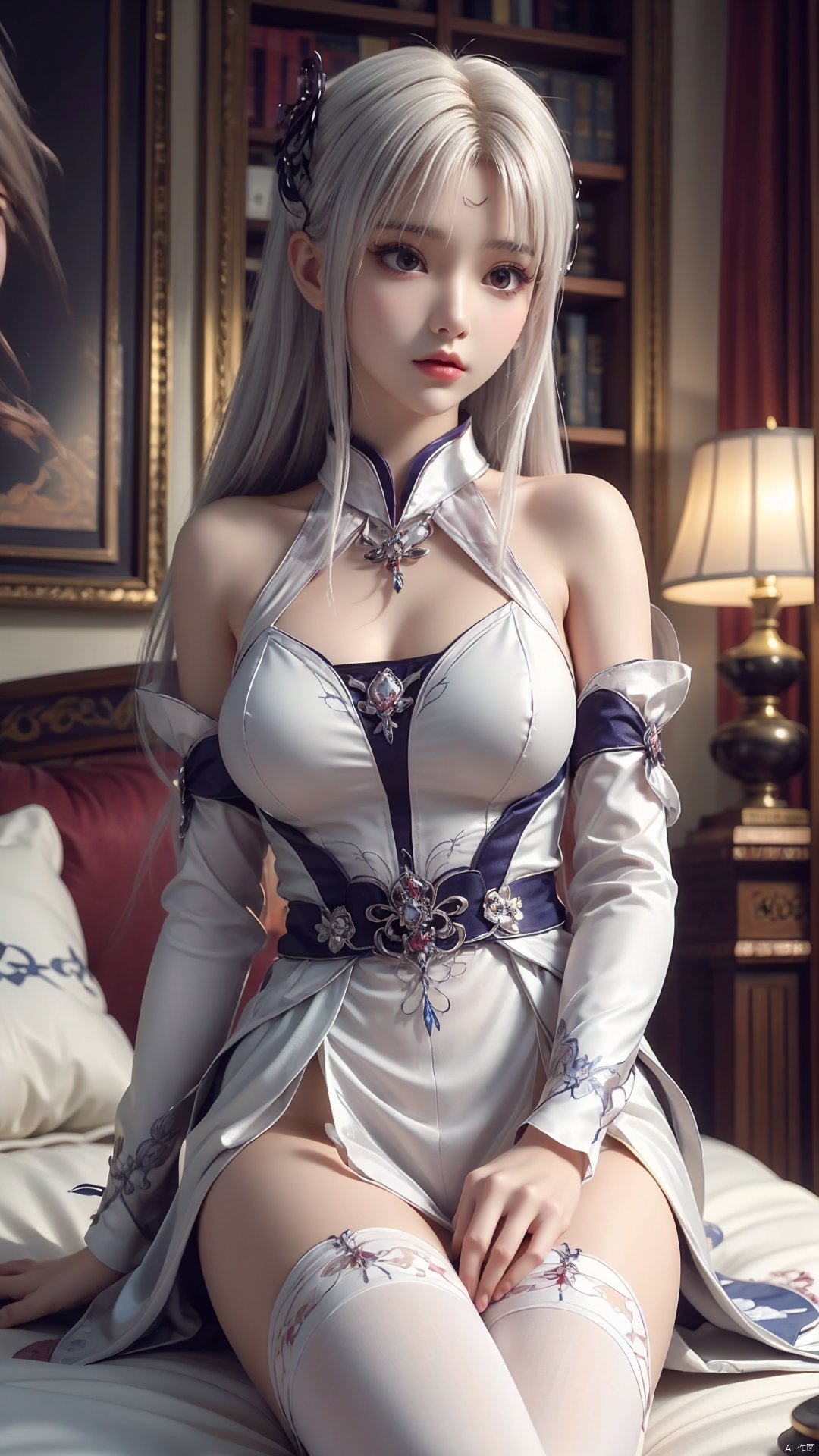  1girl, frown, white hair, long hair, thighhighs, perfect body, scenery, sharp focus, best quality, masterpiece, detailed outfit, illustration, perfect eyes, finely detailed beautiful anime eyes, realistic skin, intricate details, best lighting, depth of field, ultra high resolution, lie on the bed, from below, 