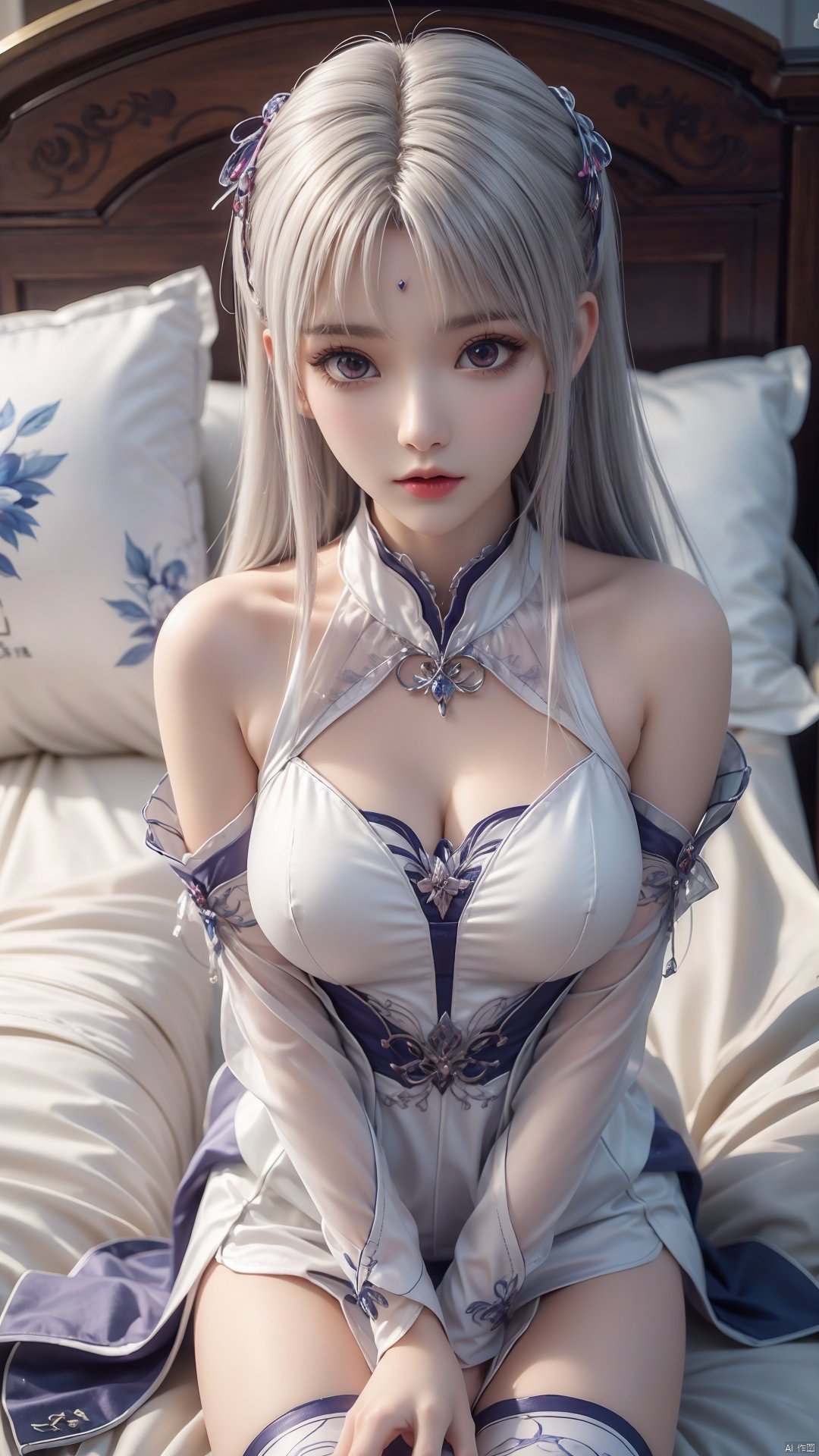  1girl, white hair, long hair, thighhighs, lying, perfect body, scenery, sharp focus, best quality, masterpiece, detailed outfit, illustration, perfect eyes, finely detailed beautiful anime eyes, realistic skin, intricate details, best lighting, depth of field, ultra high resolution, bed, from above 