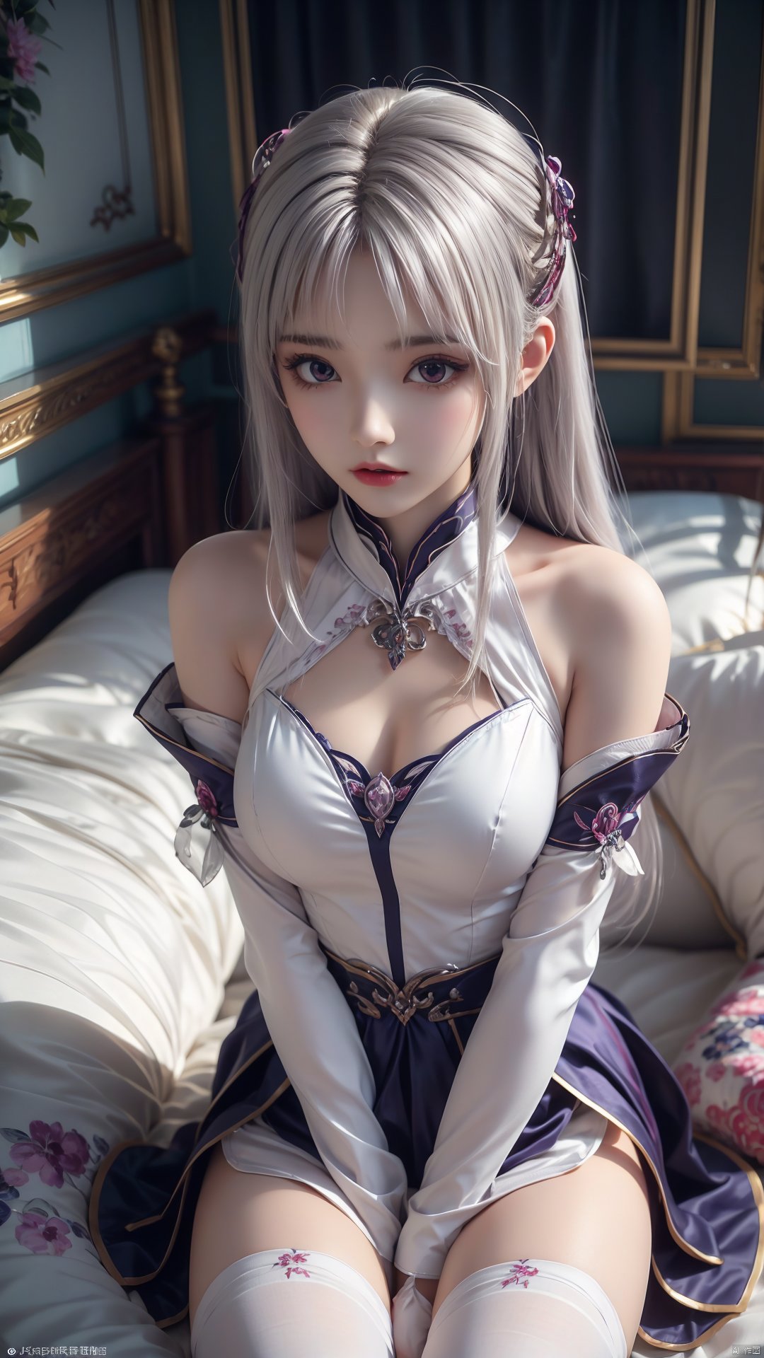  1girl, white hair, long hair, thighhighs, lying, perfect body, scenery, sharp focus, best quality, masterpiece, detailed outfit, illustration, perfect eyes, finely detailed beautiful anime eyes, realistic skin, intricate details, best lighting, depth of field, ultra high resolution, bed, from above 