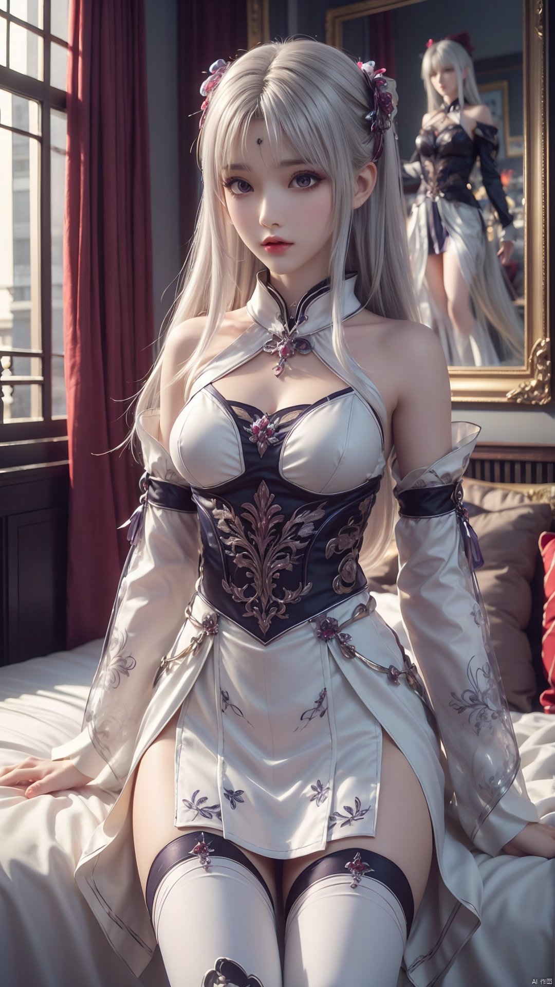  1girl, white hair, long hair, thighhighs, lying, perfect body, scenery, sharp focus, best quality, masterpiece, detailed outfit, illustration, perfect eyes, finely detailed beautiful anime eyes, realistic skin, intricate details, best lighting, depth of field, ultra high resolution, bed, from below,