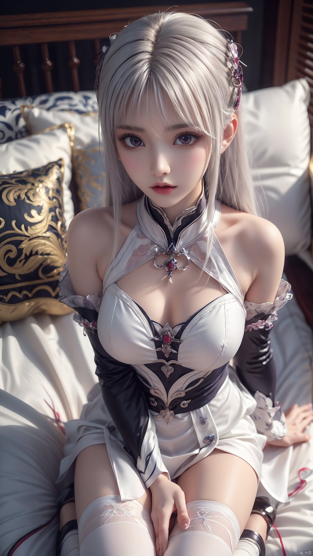  1girl, white hair, long hair, thighhighs, lying, perfect body, scenery, sharp focus, best quality, masterpiece, detailed outfit, illustration, perfect eyes, finely detailed beautiful anime eyes, realistic skin, intricate details, best lighting, depth of field, ultra high resolution, bed, from above 