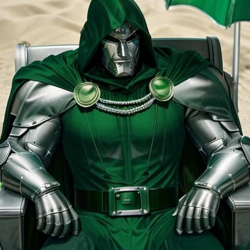 (laying on the beach in a chair)(<lora:DoctorDoomLoRA:0.8> silver metal mask,green hood,green cape, belt,green armor,green cloak,silver gauntlets), high quality, ultra realistic, sharpen image, upper body, Highly detailed,  <lora:more_details:0.3> <lora:real_slider:4>