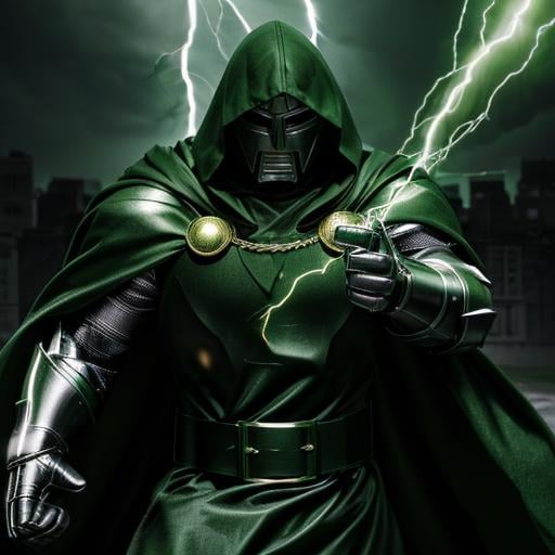 ( casting lightning between his hands)<lora:DoctorDoomLoRA:0.6> mask,green hood,green cape, belt, armor,green cloak, gauntlets, high quality, ultra realistic, sharpen image, upper body, Highly detailed