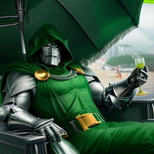 (laying on the beach in a chair with a drink wit umbrella)(<lora:DoctorDoomLoRA:1> silver metal mask,green hood,green cape, belt,green armor,green cloak,silver gauntlets), high quality, ultra realistic, sharpen image, upper body, Highly detailed,  <lora:more_details:0.3> 