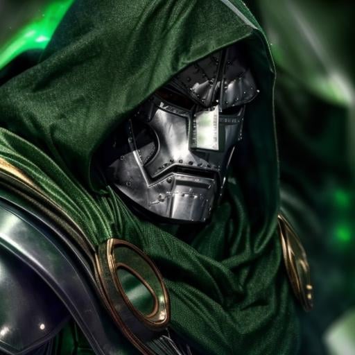(face closeup in mood light)(<lora:DoctorDoomLoRA:1> silver metal mask,green hood,green cape, belt,green armor,green cloak,silver gauntlets, 2golden dots on armor), high quality, ultra realistic, sharpen image, upper body, Highly detailed,  <lora:more_details:0.3> 