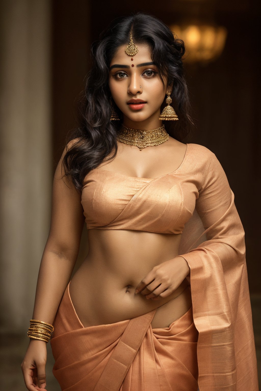 Raw photo of (18yo Kerala Beautiful young woman:1.1) (best quality, highres, ultra-detailed:1.2), vibrant colors, glowing dimond, glowing eyes, realistic Raw photo, realistic lighting, traditional Red saree,  exotic beauty, mesmerizing eyes, elegant jewelry, ornate headpiece, girl 