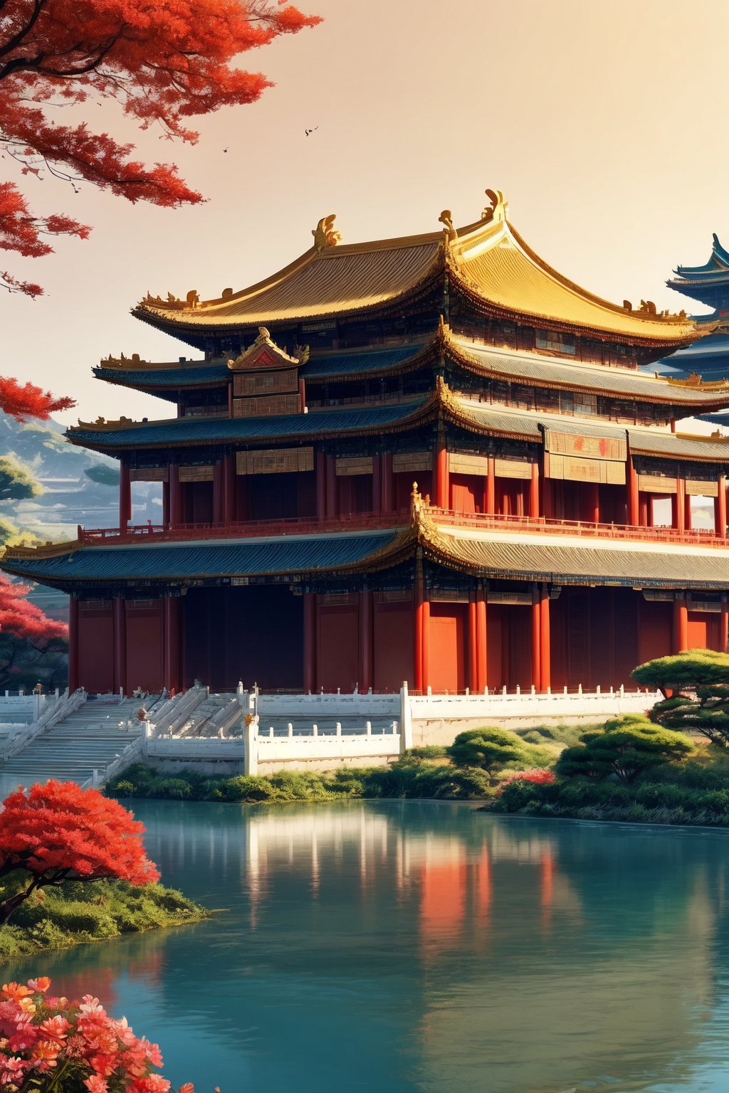 majestic, high-definition, vibrant, picturesque, 
giant Chinese imperial palace, traditional architecture, golden and red tones, 
beautiful scenery, bird songs, fragrant flowers, cloudless sky, 
cultural, historical, serene, visually striking, 