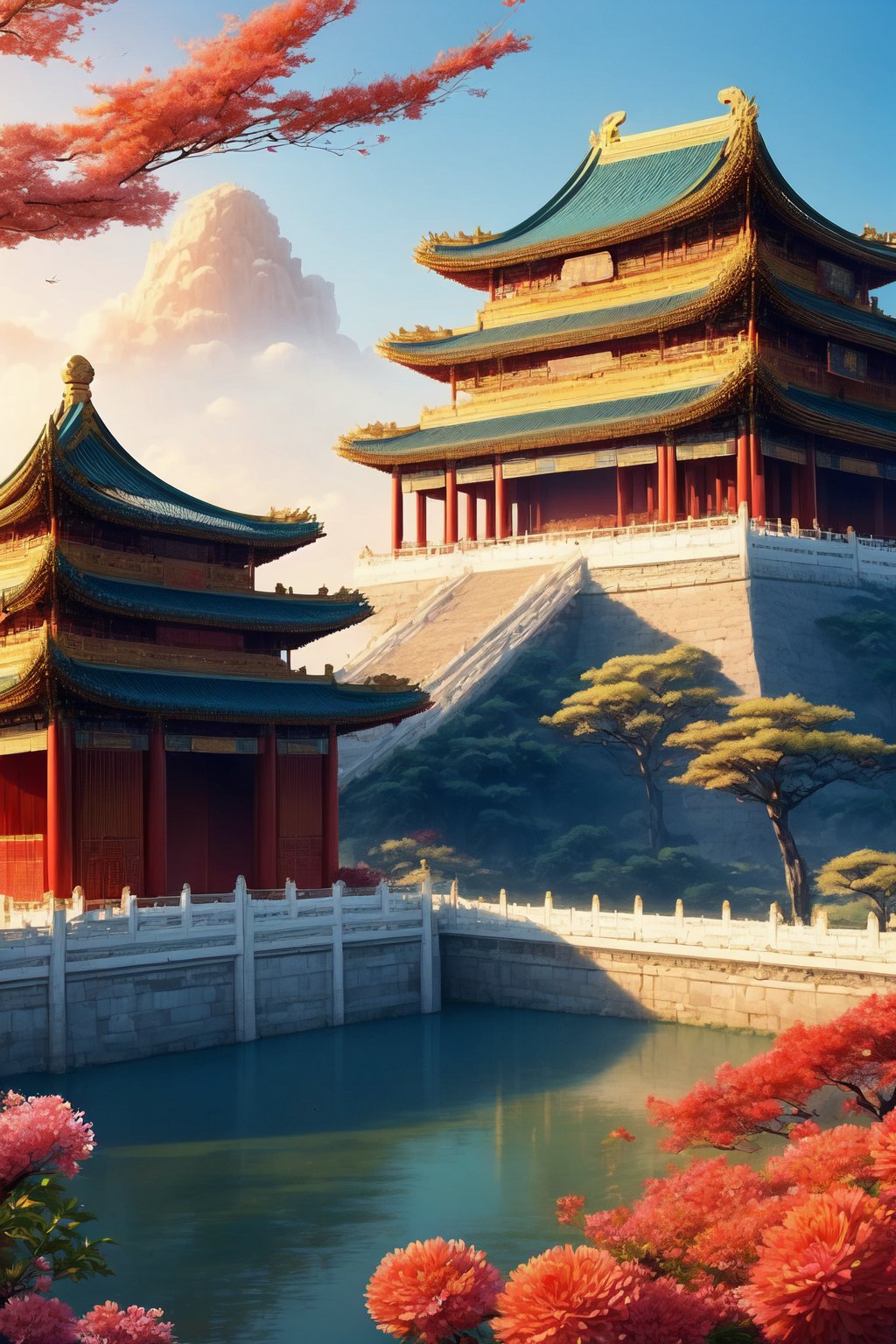 majestic, high-definition, vibrant, picturesque, 
giant Chinese imperial palace, traditional architecture, golden and red tones, 
beautiful scenery, bird songs, fragrant flowers, cloudless sky, 
cultural, historical, serene, visually striking, 