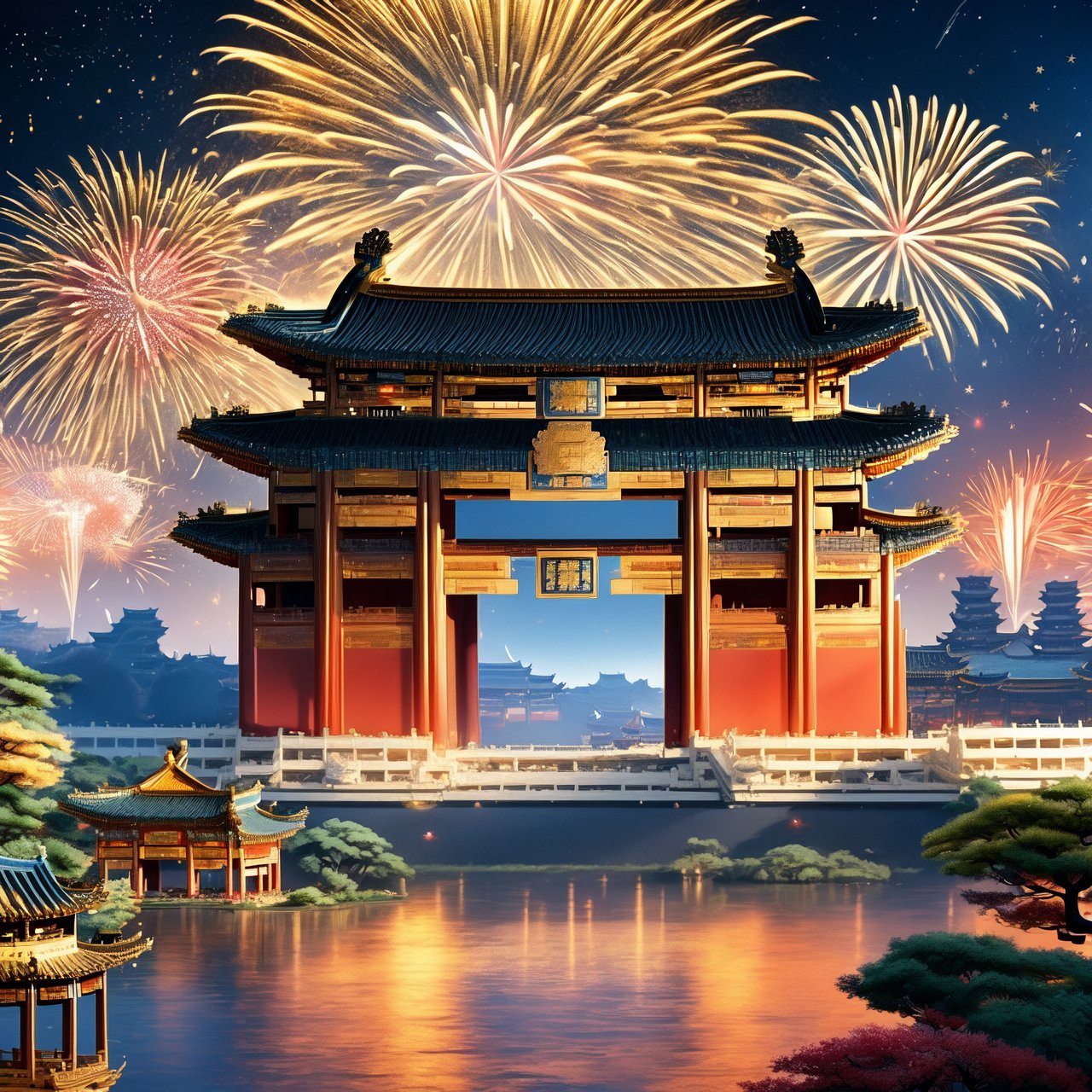 Masterpiece, high quality:1.5, 64K resolution, HDR, a grand and majestic golden Chinese palace under a starry night sky, vibrant fireworks illuminating the scene, intricate architectural details, rich cultural ambiance, panoramic view, (golden Chinese palace:1.4), (night sky with fireworks:1.3), epic scale.,Golden Chinese Dragon