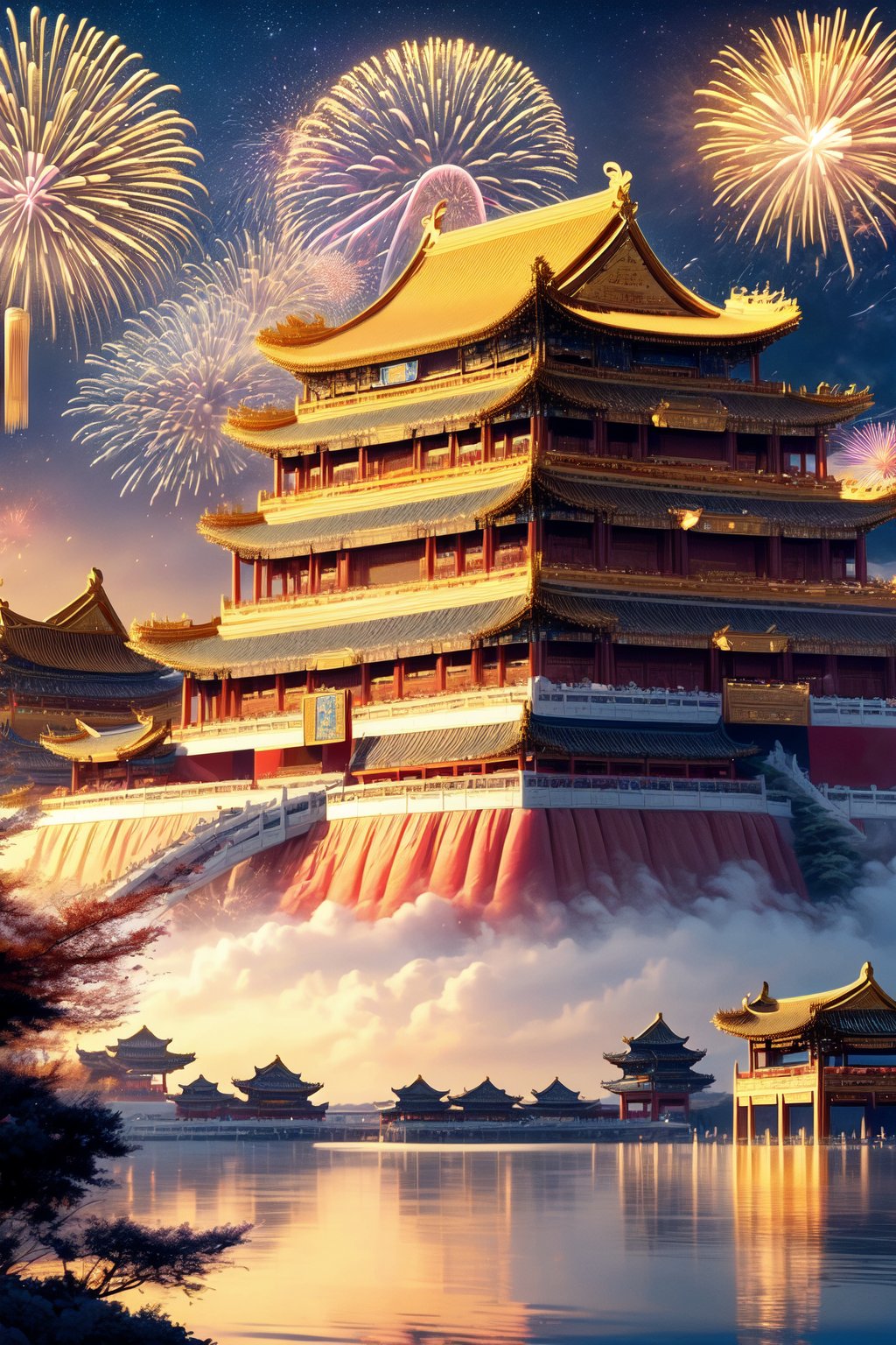 Ultra-realistic photograph, high quality:1.5, 64K HDR, capturing the grandeur of a golden Chinese palace at night, set against a backdrop of a starry sky and spectacular fireworks, featuring detailed architecture, rich cultural essence, panoramic view, (golden Chinese palace:1.4), (night sky with fireworks:1.3), dramatic lighting, photorealism.