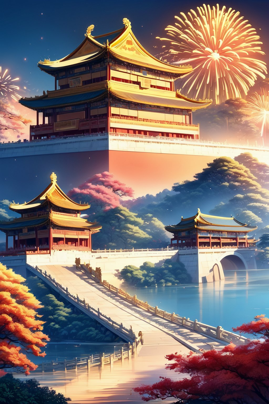 Ultra-realistic photograph, high quality:1.5, 64K HDR, capturing the grandeur of a golden Chinese palace at night, set against a backdrop of a starry sky and spectacular fireworks, featuring detailed architecture, rich cultural essence, panoramic view, (golden Chinese palace:1.4), (night sky with fireworks:1.3), dramatic lighting, photorealism.
