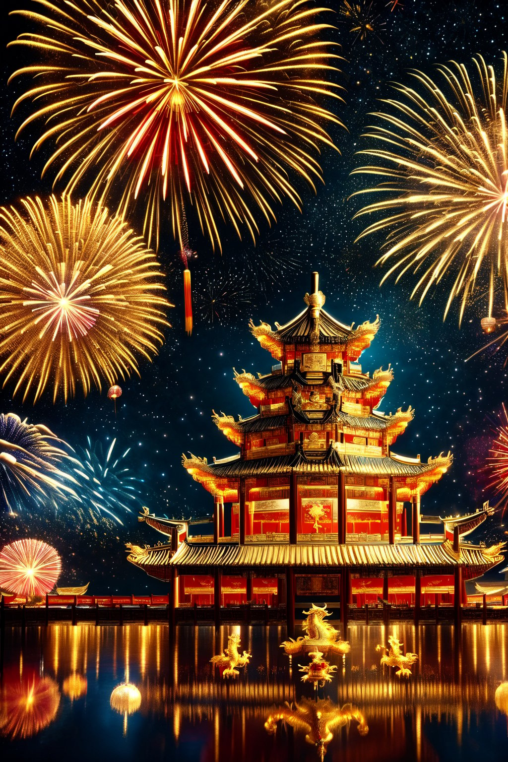 Masterpiece, high quality:1.5, 64K resolution, HDR, grand night scene with a Chinese boy in traditional attire under a starry sky, a magnificent golden Chinese dragon above, vibrant fireworks, rich colors, intricate details, cultural depth, panoramic view, (golden Chinese dragon:1.4), (night sky with fireworks:1.3), epic scale.