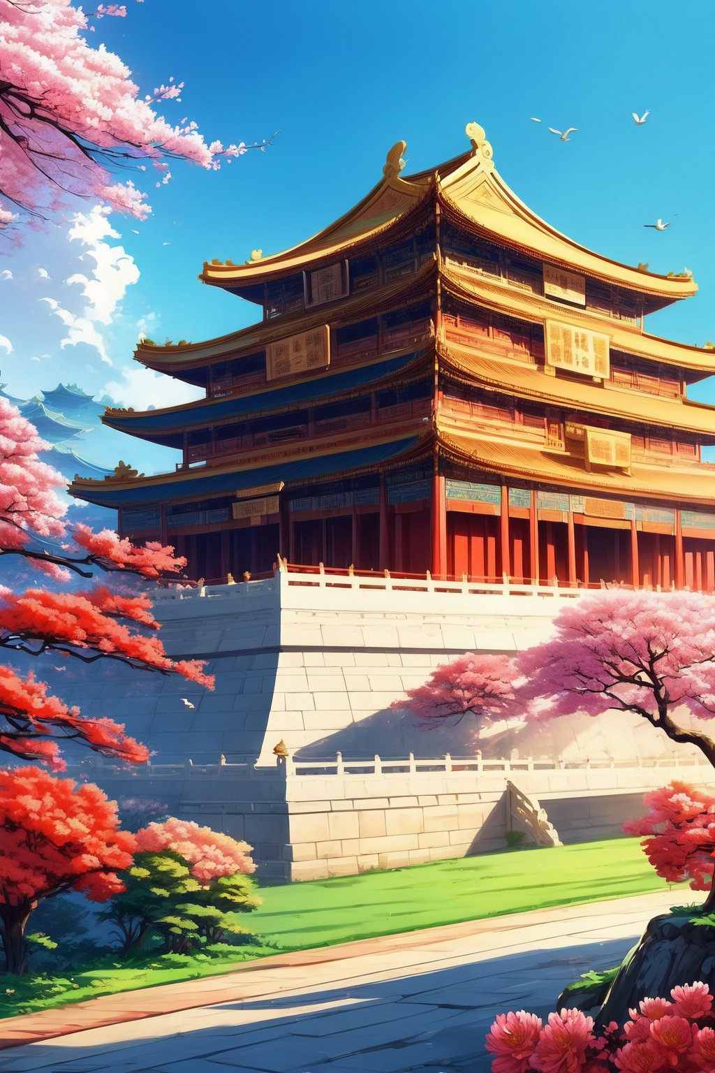 majestic, high-definition, vibrant, picturesque, 
giant Chinese imperial palace, traditional architecture, golden and red tones, 
beautiful scenery, bird songs, fragrant flowers, cloudless sky, 
cultural, historical, serene, visually striking, 