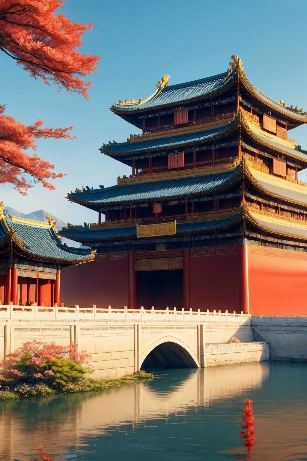 majestic, high-definition, vibrant, picturesque, 
giant Chinese imperial palace, traditional architecture, golden and red tones, 
beautiful scenery, bird songs, fragrant flowers, cloudless sky, 
cultural, historical, serene, visually striking, 