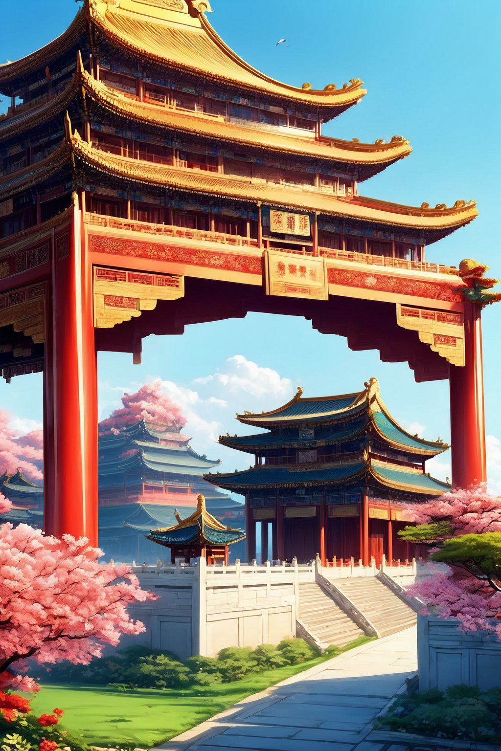 majestic, high-definition, vibrant, picturesque, 
giant Chinese imperial palace, traditional architecture, golden and red tones, 
beautiful scenery, bird songs, fragrant flowers, cloudless sky, 
cultural, historical, serene, visually striking, 