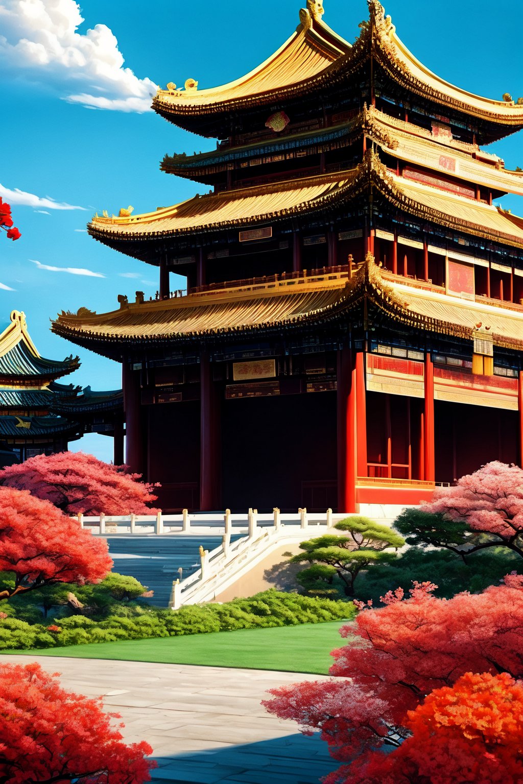 HDR, UHD, 8K, Highly detailed, majestic, high-definition, vibrant, picturesque, 
giant Chinese imperial palace, traditional architecture, golden and red tones, 
beautiful scenery, bird songs, fragrant flowers, cloudless sky, 
cultural, historical, serene, visually striking, 