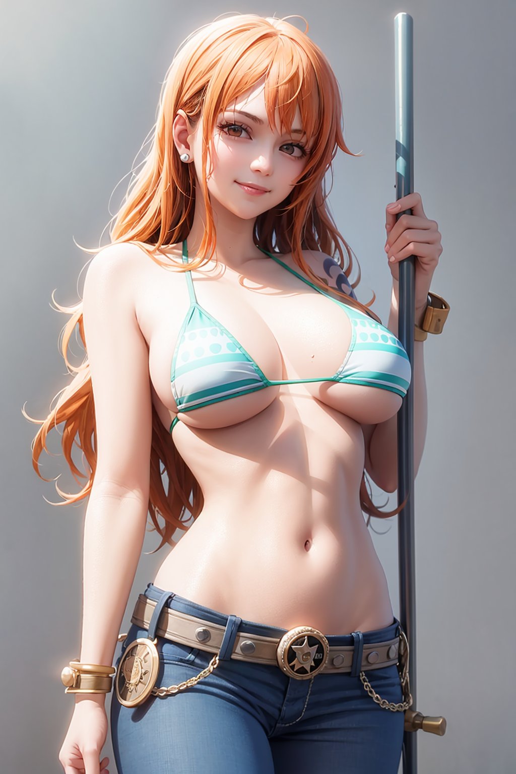 masterpiece, best quality, <lora:nami:1>,nami \(one piece\), 1girl,solo,orange hair, long hair,orange eyes,earrings, jewelry,swimsuit, bikini top only, navel,shoulder tattoo, bangle,belt,jeans,denim,blue pants,blue staff,holding staff, grey background, cowboy shot, smile,large breasts, 