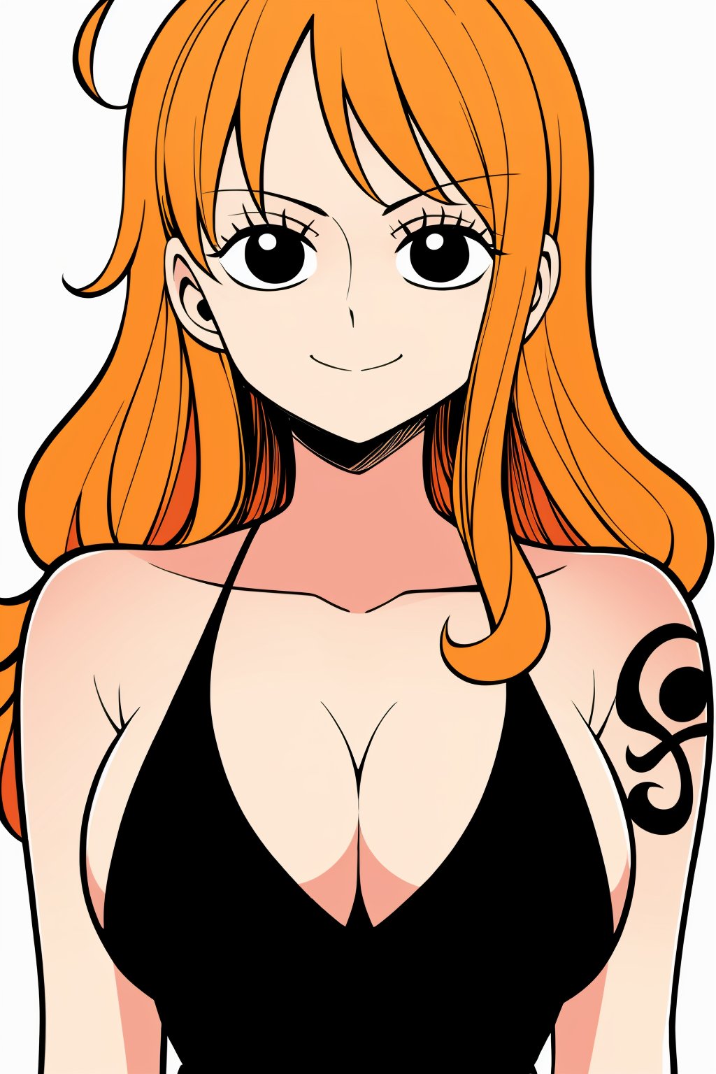 masterpiece, best quality, <lora:nami:1>,1girl, solo, breasts, long hair, smile, cleavage, nami (one piece), white background, looking at viewer, ahoge, black eyes, simple background, orange hair, upper body, closed mouth, large breasts, halterneck, collarbone, dress, bare shoulders, shoulder tattoo, 