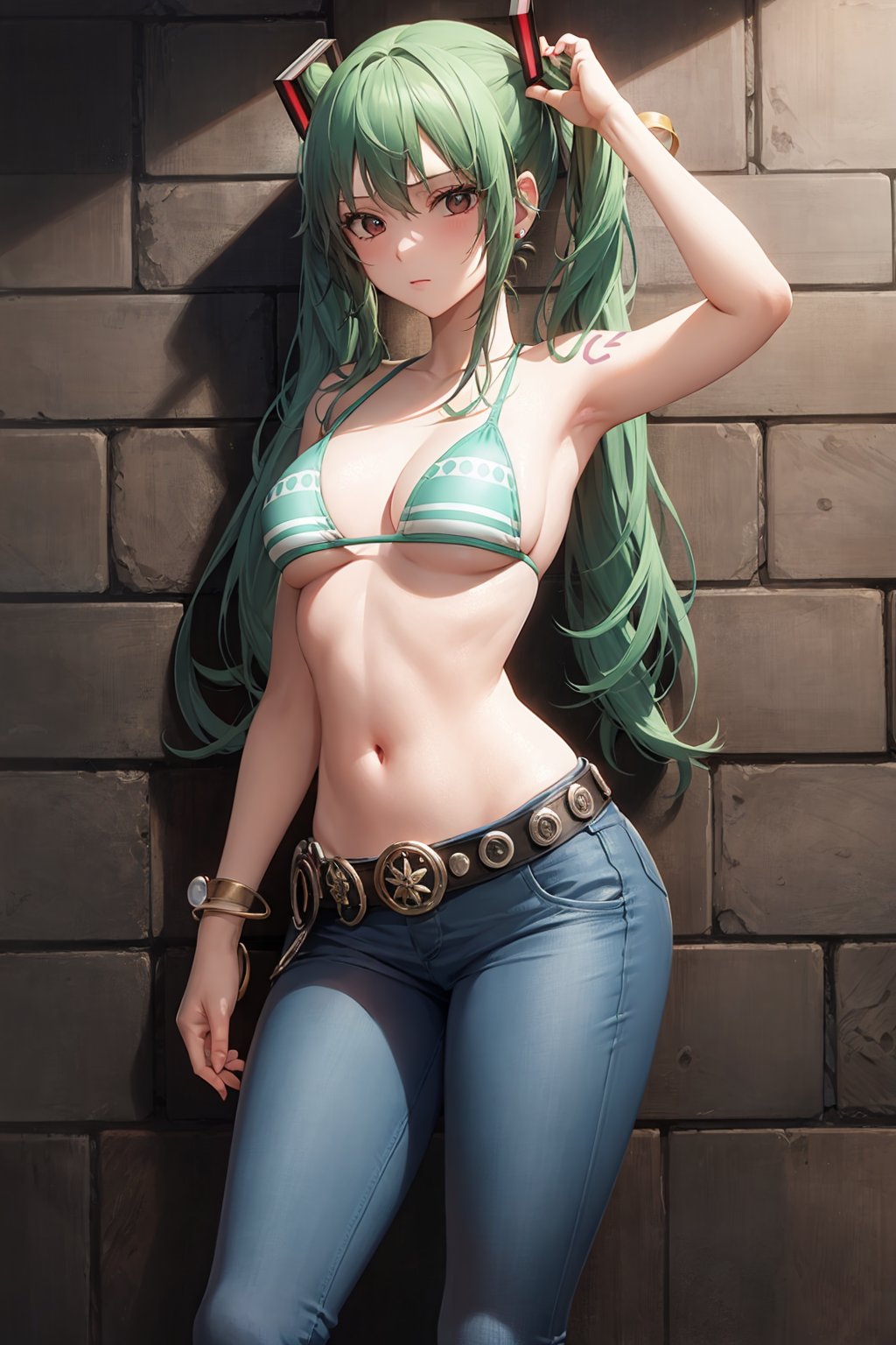 masterpiece, best quality, <lora:nami:1>,hatsune miku, 1girl,solo,green hair, long hair,twintails,headgear,earrings, jewelry,swimsuit, bikini top only, navel,shoulder tattoo, bangle,belt,jeans,denim,blue pants,