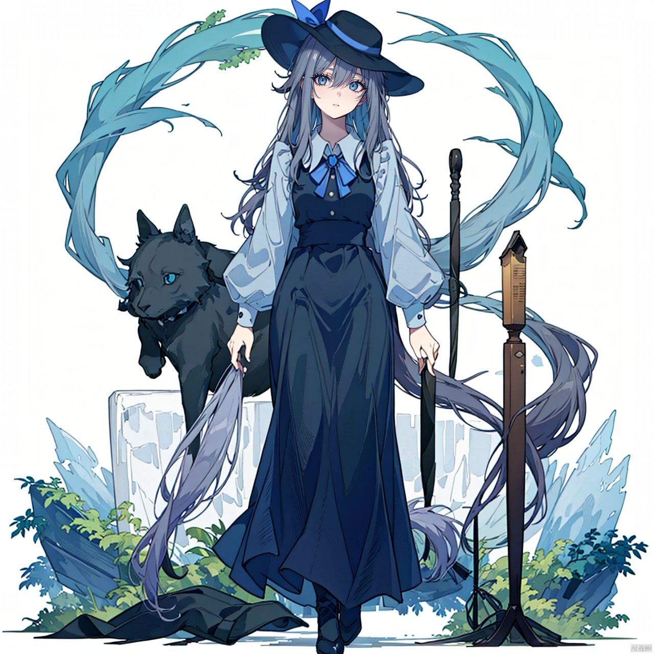  (masterpiece:1.3),(the best quality:1.2),(super fine illustrations:1.2),(Masterpiece),high quality,high detail,((white background:1.2)),looking at viewer,(SOLO:1.4),outline,simple background,fullbody,collar,vest,top hat,brooch,blue shirt,pleated skirt,black dress,semi-rimless eyewear,hair between eyes,grey hair,black headwear,skirt,shirt,long hair,hat bow,hat,blue ribbon,blue eyes,blue bow,bangs,