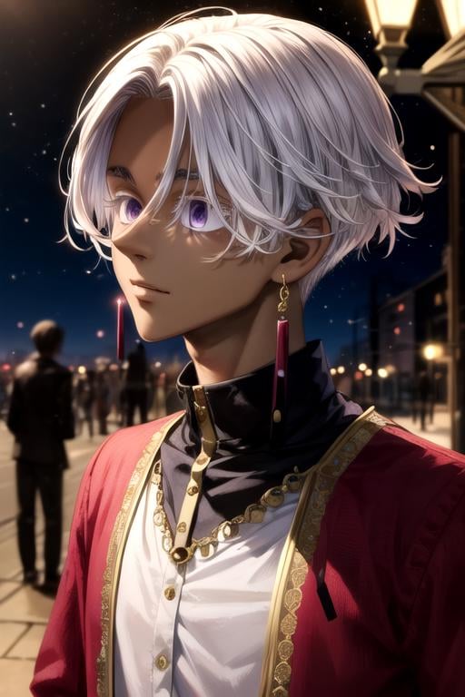 (best quality:1.1), (masterpiece:1.4), photorealistic, , upper body, depth of field, , , 1boy, solo, male focus, <lora:izana_kurokawa:0.78>, izana_kurokawa, white hair, purple eyes, dark-skinned male, , , , A fairytale land where magical creatures live and thrive,