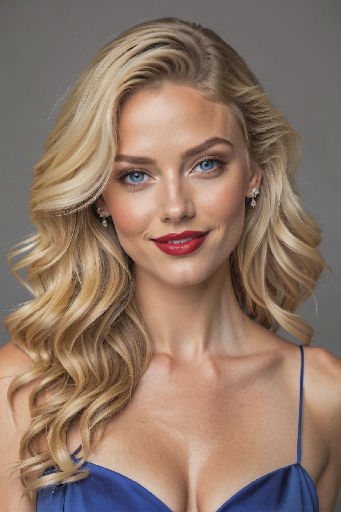 raw realistic potarait of beautiful woman, 30yo, in red slit cut flowing dress beautiful face with blue eyes, head raised, sultry smile, red lipstick(((multiple ear piercing)), beautiful wavy blonde hair, smooth skin, extremely beautiful sitting , blonde hair