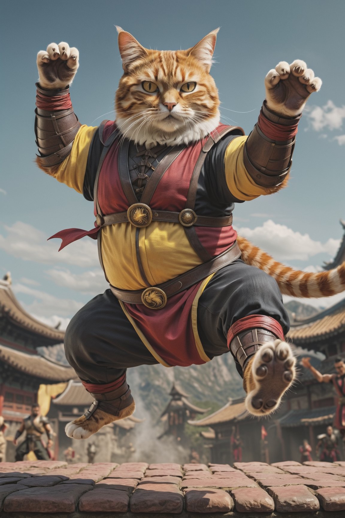 (full body), (Mortal Kombat movie splash screen, fat cat leaping flying at another cat, wearing clothes of characters from the movie), red and yellow and black colors predominate, hyper-detailing, hyper-realism, sharp shot, cinematic, action-packed background,