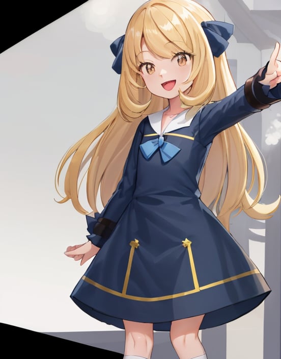 <lora:CythiaYoung-08:0.7> CythiaYoung, upper body, 1girl, smile, open mouth, bangs, simple background, long sleeves, white background, dress, bow, standing, :d, tongue, socks, hand on hip, eyelashes, black ribbon, neck ribbon, blue dress, blue bow, happy, outstretched arm, blue ribbon, 