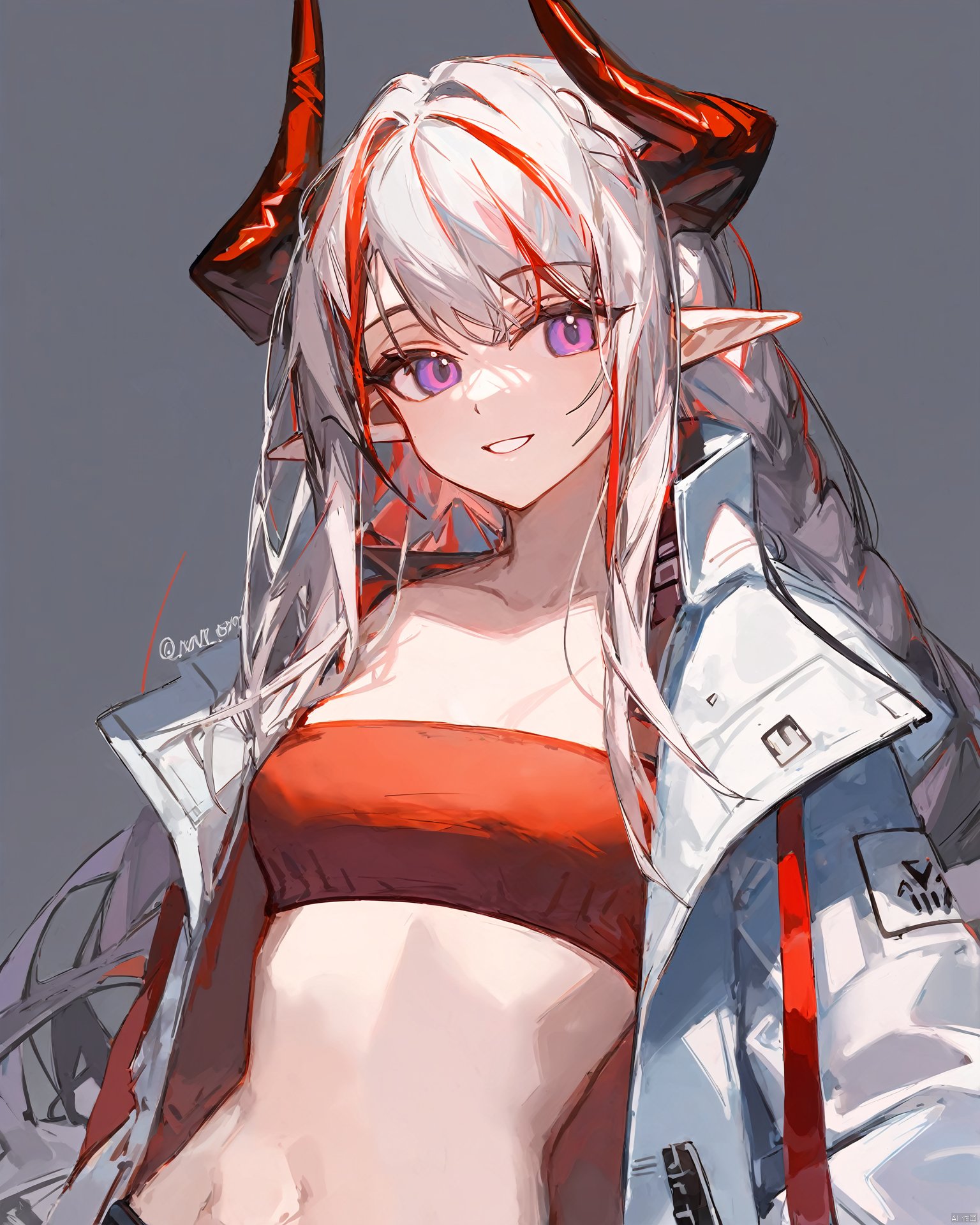  1girl,arknights,bad_id,bad_twitter_id,bandeau,braid,ciloranko,grey_background,head_tilt,highres,horns,jacket,jewelry,long_hair,long_sleeves,looking_at_viewer,midriff,multicolored_hair,navel,nian_(arknights),open_clothes,open_jacket,parted_lips,pointy_ears,purple_eyes,red_bandeau,red_hair,red_tube_top,shadow,simple_background,smile,solo,stomach,strapless,streaked_hair,tube_top,upper_body,white_hair,white_jacket