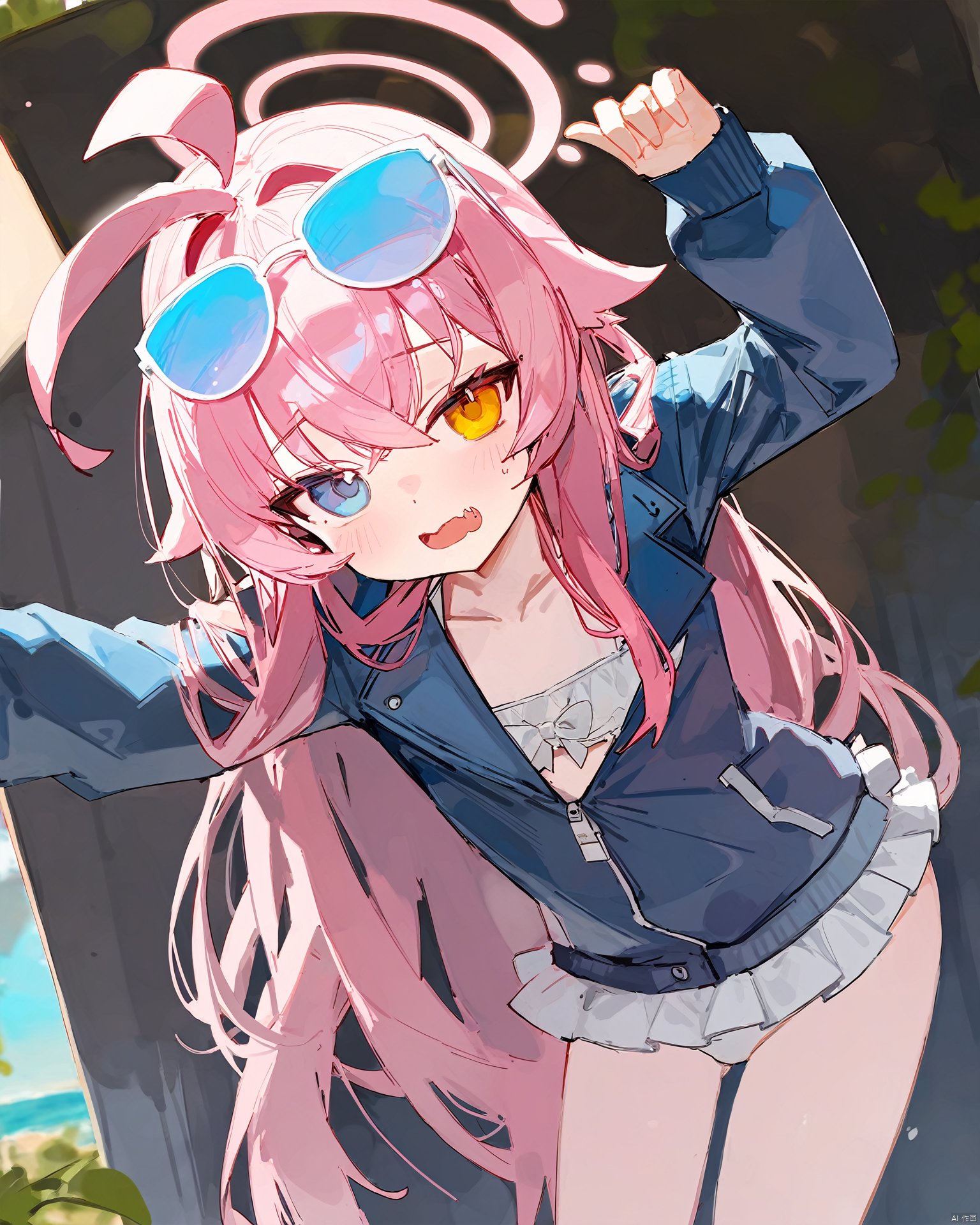  1girl,absurdres,ahoge,bikini,bikini_skirt,blue_archive,blue_jacket,blush,collarbone,,eyewear_on_head,fang,flat_chest,frilled_bikini,frills,halo,heterochromia,highres,hoshino_(blue_archive),hoshino_(swimsuit)_(blue_archive),jacket,jacket_partially_removed,leaning_forward,long_hair,looking_at_viewer,ciloranko,outdoors,pink_hair,skin_fang,solo,swimsuit,tinted_eyewear,very_long_hair,white_bikini