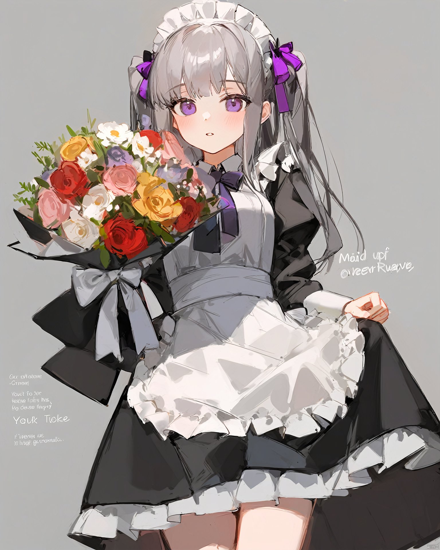  1girl,apron,blush,bouquet,bow,ciloranko,commentary_request,contender_(flowerful_maid)_(girls'_frontline),contender_(girls'_frontline),dress,english_commentary,english_text,flower,frilled_dress,frilled_skirt,frilled_sleeves,frills,girls'_frontline,grey_hair,hair_bow,holding,holding_bouquet,looking_at_viewer,maid,maid_apron,maid_headdress,mixed-language_commentary,multicolored_bow,official_alternate_costume,parted_lips,purple_eyes,simple_background,skirt,solo,two_side_up,white_background