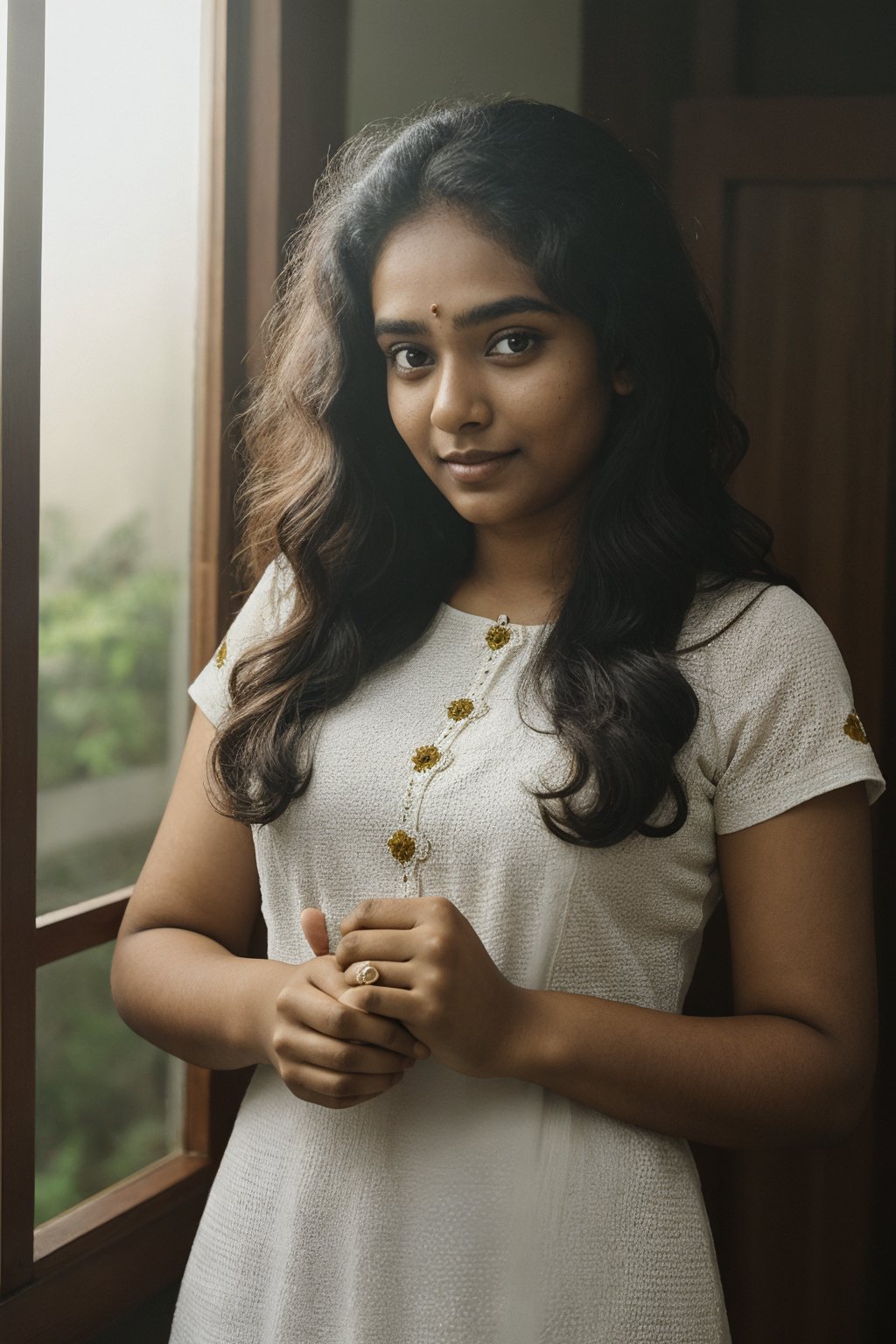 20 year old mallu woman, long curly brown hair,  front view, movie scene, cinematic, high-quality, ultra-detailed, professionally color graded, professional photography.  ( hard light:1.2), (volumetric:1.2), well-lit, double exposure, award-winning photograph, dramatic lighting, dramatic shadows, illumination, long shot, wide shot, full body, at studio, smart watch on left hand, happy_face,  embroidered traditional indian dress,Mallu girl,Mallu girl ,1girl