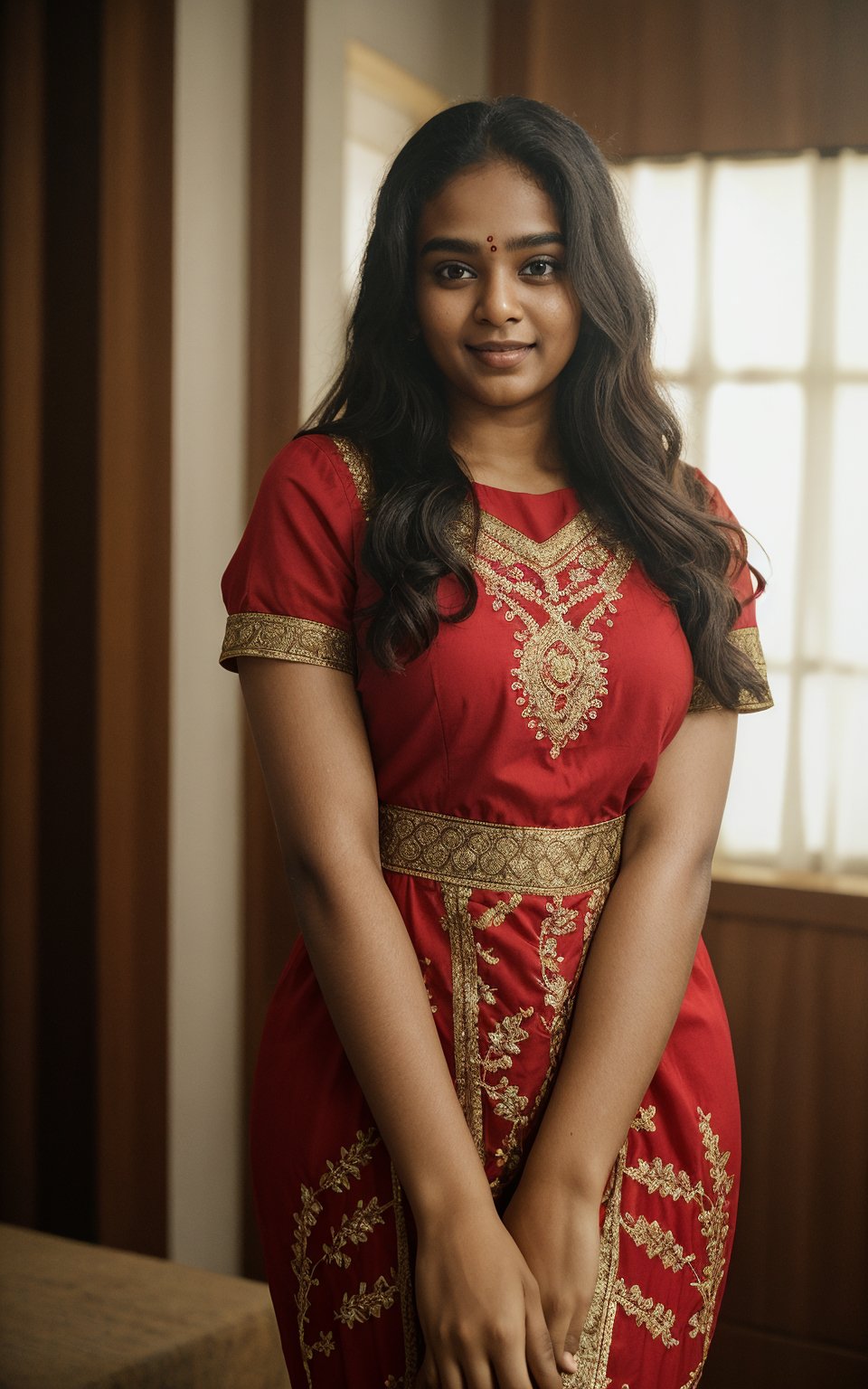 25 year old mallu woman, thick hip, long curly brown hair,  front view, movie scene, cinematic, high-quality, ultra-detailed, professionally color graded, professional photography.  ( hard light:1.2), (volumetric:1.2), well-lit, double exposure, award-winning photograph, dramatic lighting, dramatic shadows, illumination, long shot, wide shot, full body, at studio, smart watch on left hand, happy_face, smile,  embroidered traditional indian dress, red dress, dark background,Mallu girl,1girl