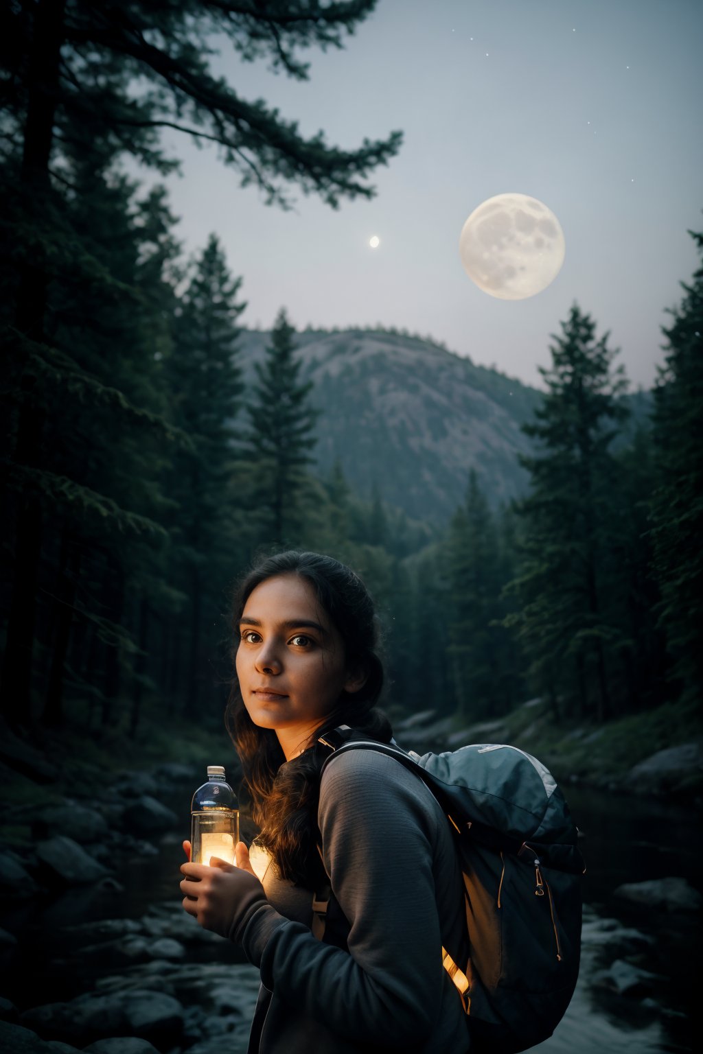 masterpiece, best quality, ultra-detailed, solo, (night), (stars, moon) cheerful, happy, backpack, sleeping bag, water bottle, gloves, sweater, flashlight, forest, rocks, river, wood, smoke,clear sky, analog style (look at viewer:1.2) (skin texture)  (cool hue and warm tone),1mallugirl,1 girl,Mallugirl