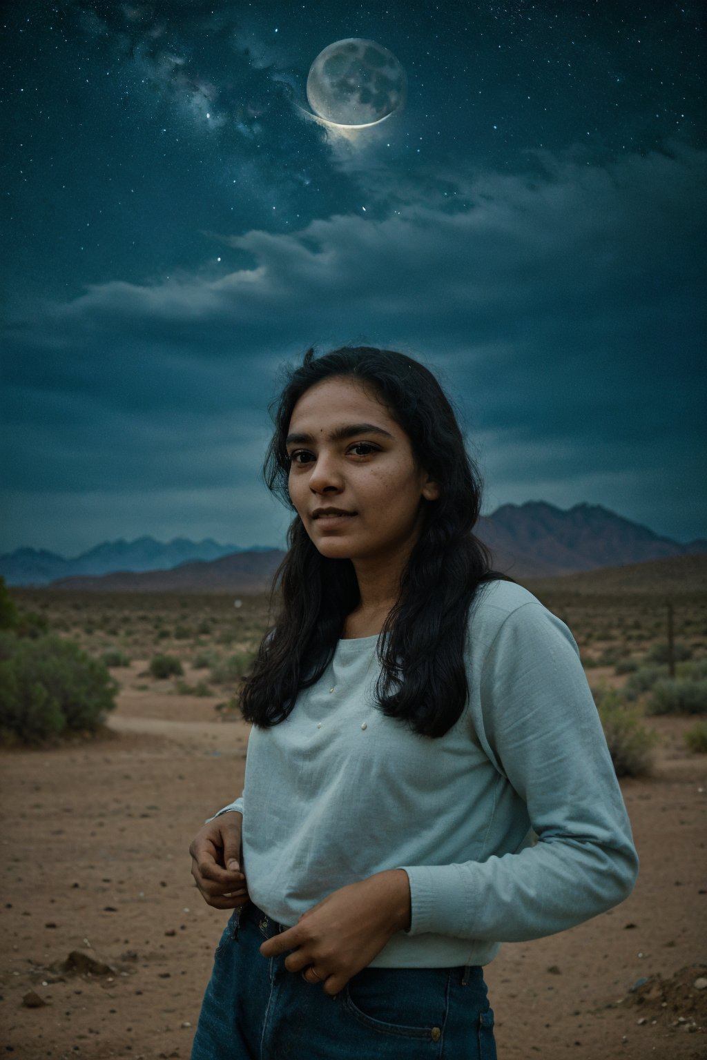 (A girl standing in a desert area:1.2) details in face, perfect eyes, in the night dark night, clear sky, milkyway galaxy, Stary night photography, astrophotography, masterpiece, best quality, ultra-detailed, solo, (night), (stars, moon:1.3), smoke,clear sky, analog style (look at viewer:1.2) (skin texture)  (cool hue and warm tone),1mallugirl,1 girl,Mallugirl,perfect