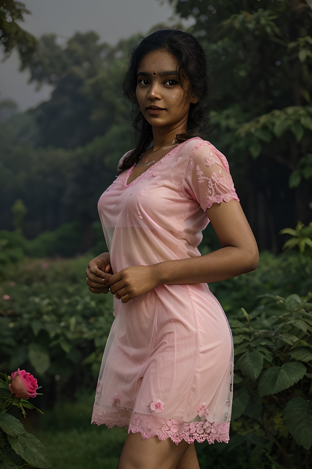 an indian women, red pink lighting,walking in pink rose garden, upper body, v-neck translucent lace dress,intricate embroidered design,lace design, huge, thick thighs, shaggy hair,photorealistic,Masterpiece,1mallugirl