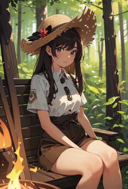 (masterpiece, best quality, hires, high quality, by professional artist, ultra detailed, extremely detailed, absurdres, incredibly resolution:1.2), Cowboy Shot, 1girl, explorer bermuda, Small and droopy breasts, Sitting by a crackling campfire in a dense forest, with the soothing sounds of nature and the warmth of the flames creating a perfect escape