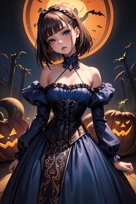 (masterpiece, best quality), female legal age, compact, native hawaiian, deep blue eyes,   unusual chin, overbite jaw, low cheekbones, angular forehead,  toned arms,  halloween makeup , dark auburn long bob hair, pity wearing feather trim    quatrefoil peasant dress,  corset,   , head tilted to the side, indicating thoughtfulness