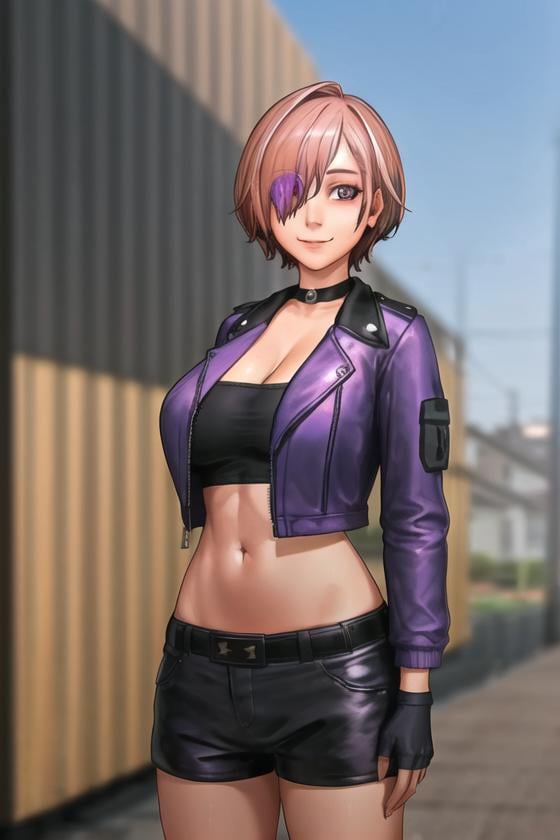 <lora:taffy_tales:.6>, taffy tales, masterpiece, best quality, 1girl, breasts, gloves, fingerless gloves, pink hair, navel, large breasts, solo, looking at viewer, smile, jacket, cleavage, shorts, purple eyes, hair over one eye, black shorts, choker, black gloves, blurry background, tube top, ahoge, armband, short hair, short shorts, midriff, strapless, black jacket, hair ornament, open jacket, cowboy shot, bangs, cropped jacket, open clothes, closed mouth, blurry,