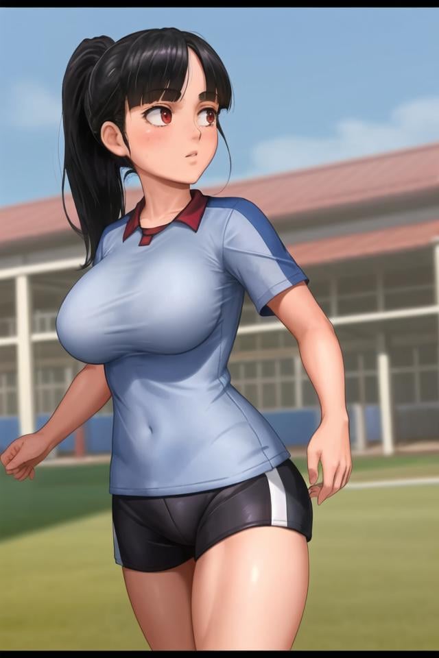 <lora:taffy_tales:.6>, taffy tales, masterpiece, best quality, 1girl, solo, ponytail, soccer uniform, shorts, shirt, white shirt, black shorts, breasts, black hair, red eyes,  diagonal bangs, bangs, outdoors, cowboy shot, long hair, large breasts, breasts, toned, 