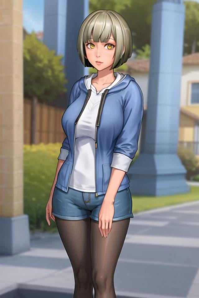 <lora:taffy_tales:.6>, taffy tales, masterpiece, best quality, 1girl, pantyhose, solo, shorts, green hair, lime hair, hood, hoodie, denim, yellow eyes, denim shorts, black pantyhose, bangs, legwear under shorts, short hair, bob cut, lips, can, blunt bangs, short shorts, mature female, multicolored hoodie, cowboy shot, outdoors, blue shorts, black hoodie, breasts, white hoodie, yellow hoodie, close-up, 