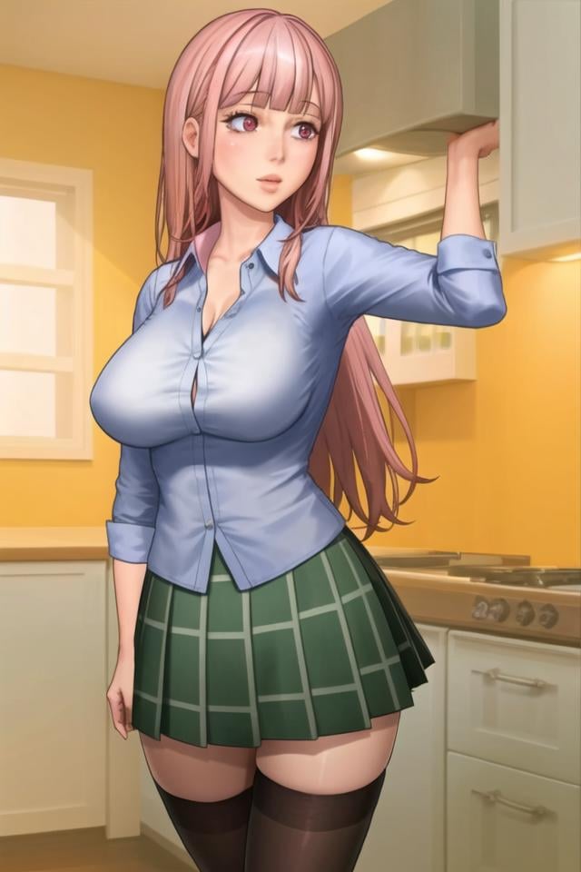 <lora:taffy_tales:.6>, taffy tales, masterpiece, best quality, 1girl, solo, long hair, pink hair, white shirt, collared shirt, green skirt, plaid skirt, bangs, blunt bangs, cleavage, breasts, black thighhighs, cowboy shot, pink eyes, kitchen, thighhighs, zettai ryouiki, indoors, medium breasts, lips, multicolored eyes, green eyes, 