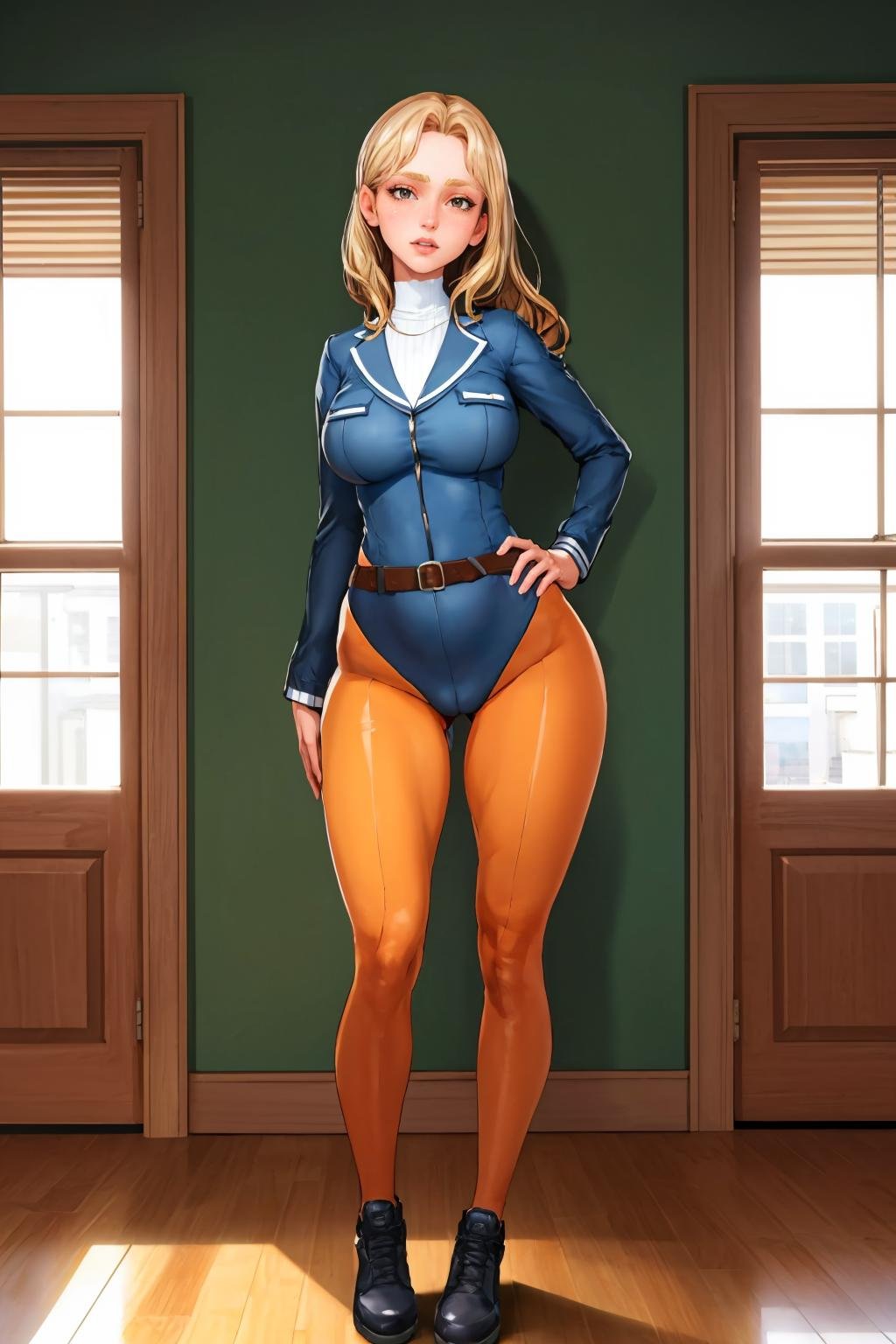 (masterpiece, best quality:1.2), <lora:taffytales:1>, taffytales, 1girl, yellow bodysuit, solo, bodysuit, uniform, belt, brown hair, long hair, blonde hair