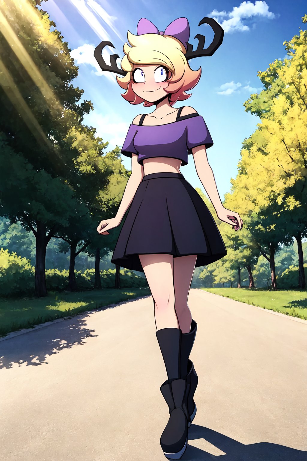 (extremely detailed fine touch:1.2), (natural light, sun light, light rays, dappled light, ray tracing:1.2), masterpiece, best quality, highly quality, SpoopyStories, 
BREAK, 
wendi, 1girl, solo, alone, short hair, yellow hair, gradient hair, antlers on head, purple bow on head, purple eyes, :), smile, closed mouth, crop top, magenta shirt, off-shoulder_shirt, magenta skirt, long stockings, strip stockings, black boots, standing, arms_at_sides, looking at viewer, walking, full body, dynamic angle, (centered), 
BREAK, 
outdoor, park, trees, (sunny day), (blue sky), complex_background, detailed background