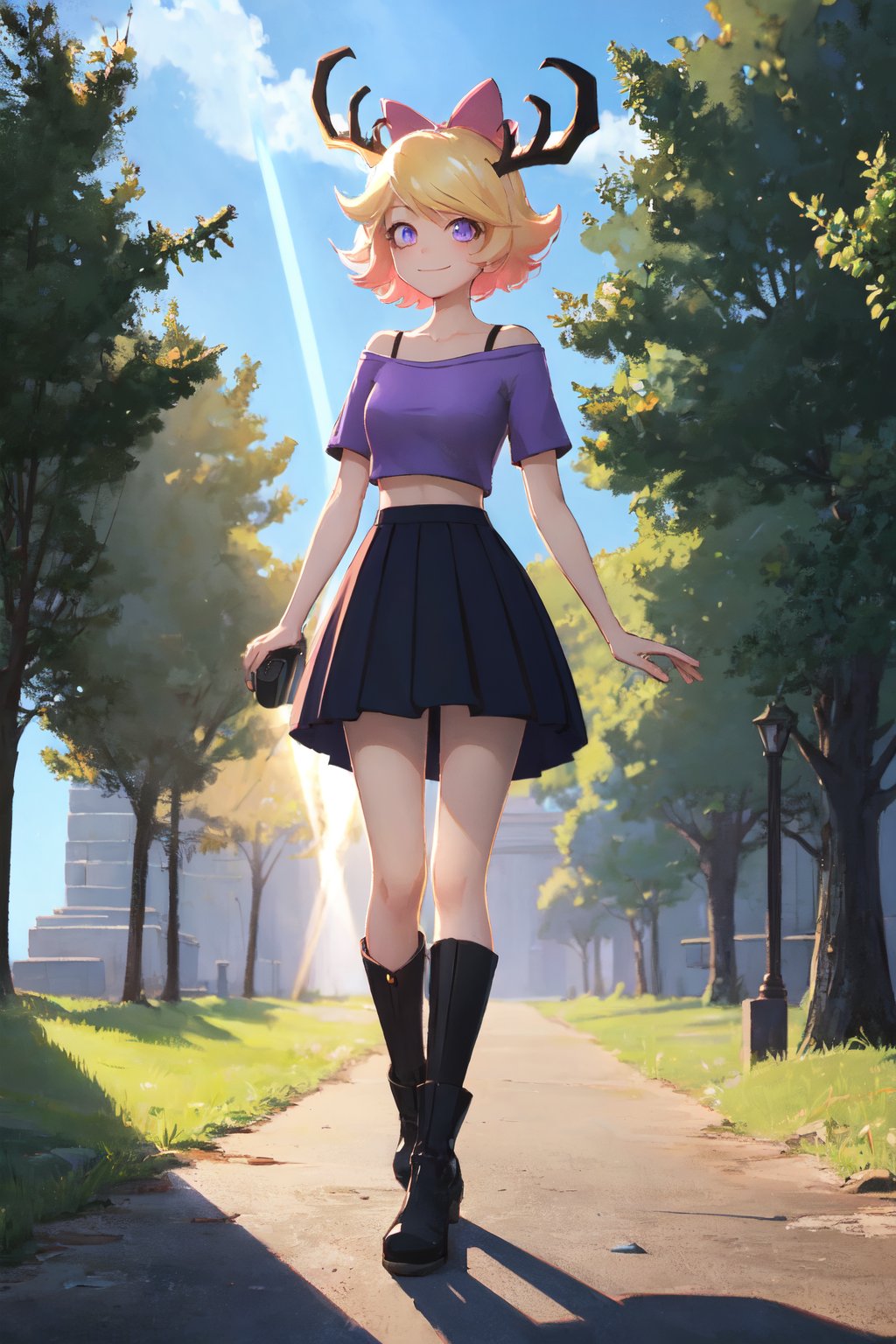 (extremely detailed fine touch:1.2) , masterpiece, best quality, highly quality, (cinematic lighting, dramatic lighting, epic lighting, light rays, ray tracing:1.2)
BREAK, 
wendi, 1girl, solo, alone, short hair, yellow hair, gradient hair, antlers on head, purple bow on head, purple eyes, :), smile, closed mouth, crop top, magenta shirt, off-shoulder_shirt, magenta skirt, long stockings, strip stockings, black boots, standing, arms_at_sides, walking, full body, dynamic angle, 
BREAK, 
outdoor, park, trees, sunny day, blue sky, complex_background, detailed background