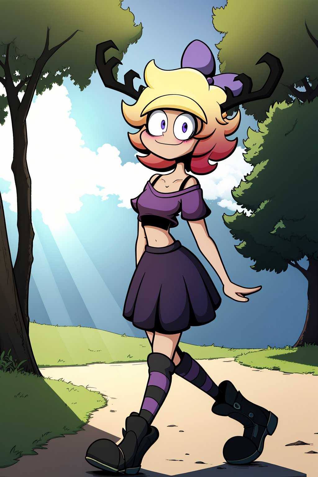 (extremely detailed fine touch:1.2), (natural light, sun light, light rays, dappled light, ray tracing:1.2) , masterpiece, best quality, highly quality, 
BREAK, 
wendi, 1girl, solo, alone, short hair, yellow hair, gradient hair, antlers on head, purple bow on head, purple eyes, :), smile, closed mouth, crop top, magenta shirt, off-shoulder_shirt, magenta skirt, long stockings, strip stockings, black boots, standing, arms_at_sides, looking at viewer, walking, full body, dynamic angle, (centered),
BREAK, 
outdoor, park, trees, (sunny day), (blue sky), complex_background, detailed background,SpoopyStories