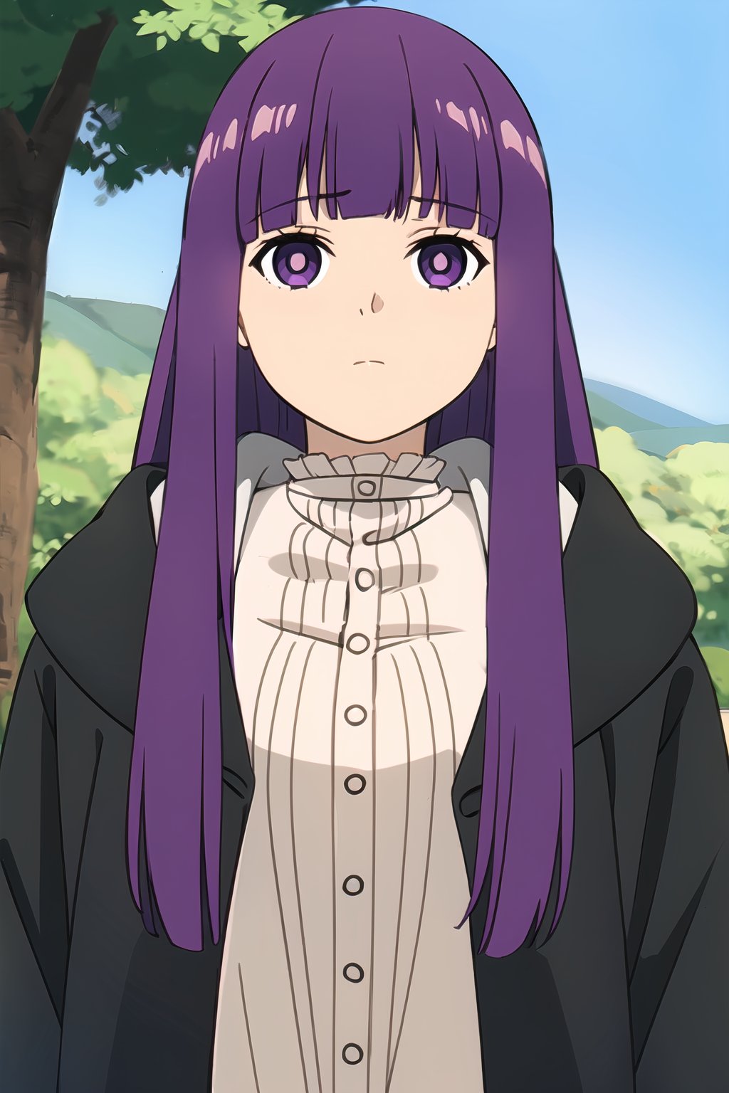 fern-frieren, 1girl, solo, masterpiece, high_resolution, purple hair, long hair, bangs, purple eyes, white pupil, expressionless face, closed neck shirt, white shirt, black coat, opened coat, upper_body, no line-art