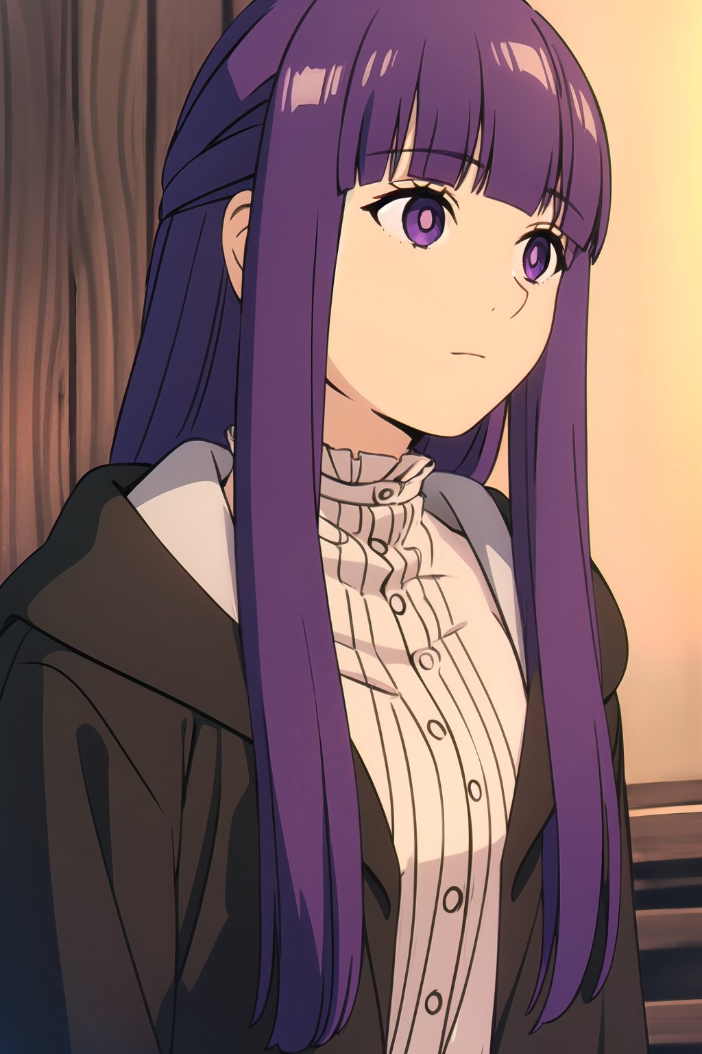 fern-frieren, 1girl, solo, masterpiece, high_resolution, purple hair, long hair, bangs, purple eyes, white pupil, expressionless face, closed neck shirt, white shirt, black coat, opened coat, upper_body