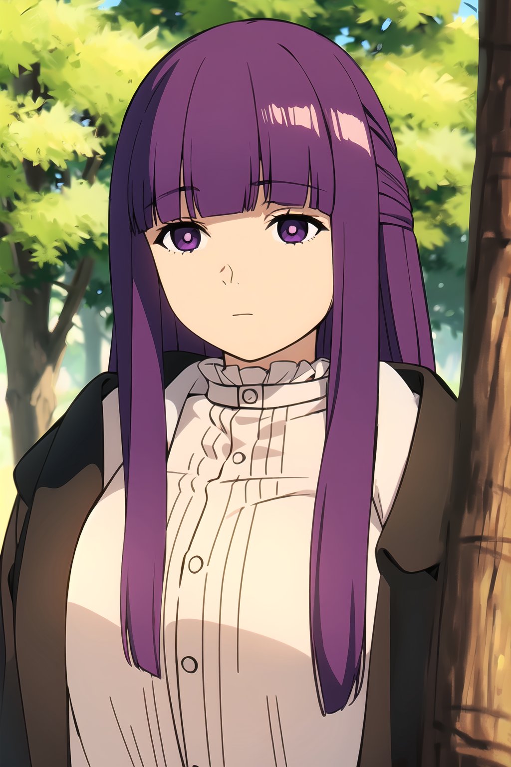 fern-frieren, 1girl, solo, masterpiece, high_resolution, purple hair, long hair, bangs, purple eyes, white pupil, expressionless face, closed neck shirt, white shirt, black coat, opened coat, upper_body